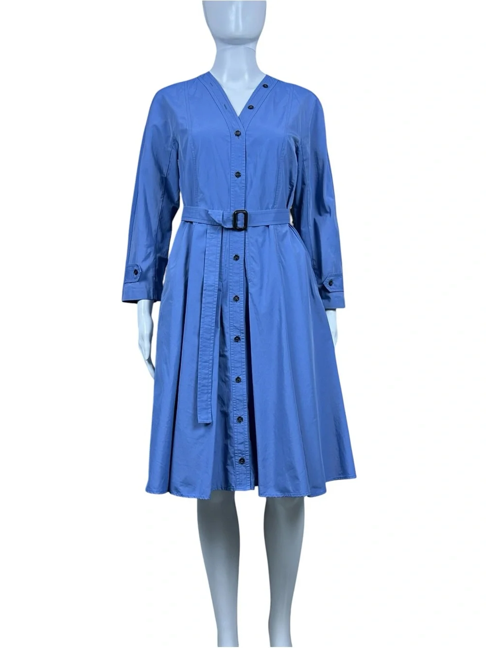’S MaxMara Belted Midi Shirt Dress Size 6 Blue Pockets Button Front Preppy - Picture 2 of 16